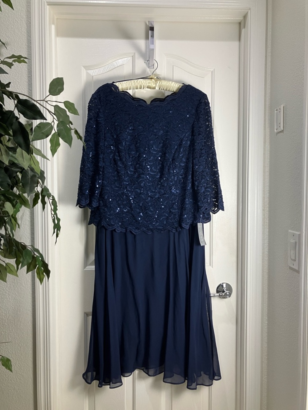 Alex Evenings Plus Bella Sequin Lace Dress Midi Chiffon Skirt, 18W, Navy